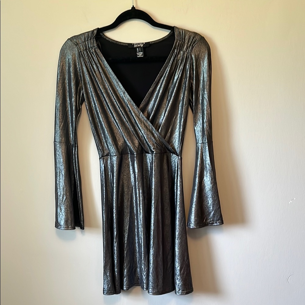 H&M Gray Ruched Sheath Dress V-Neck Bell Sleeve
